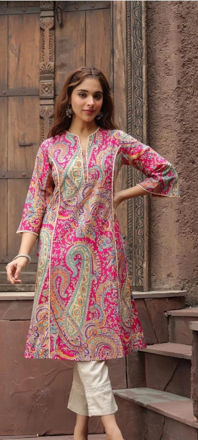 Women's Rayon Designer Printed Kurti, Paisley Pattern, 3/4 Sleeve