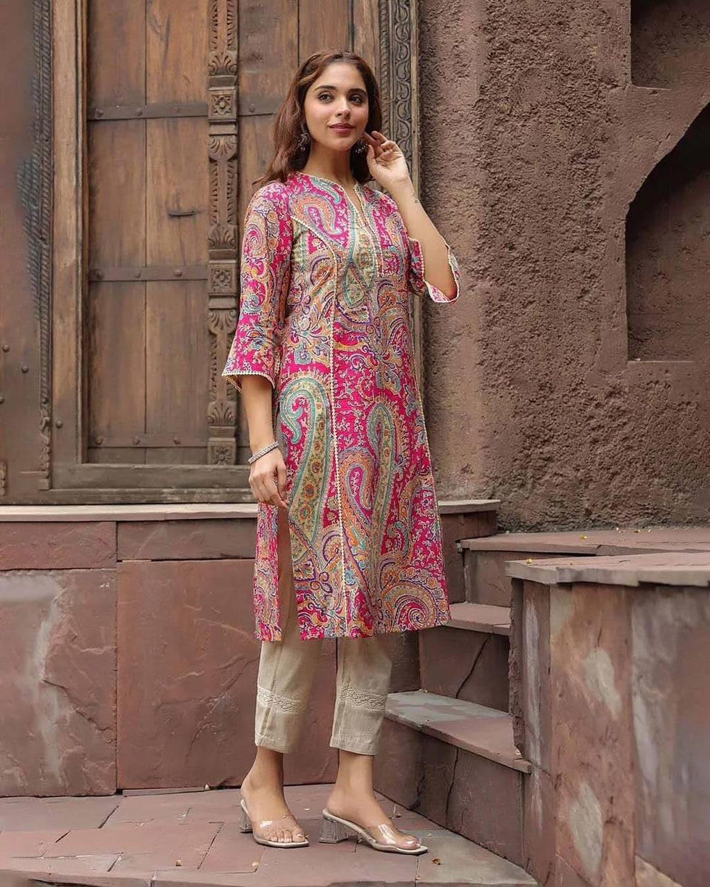 Women's Rayon Designer Printed Kurti, Paisley Pattern, 3/4 Sleeve
